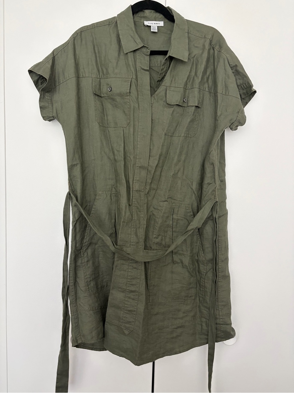 Pure Navy Olive Green Midi Shirt Dress with Waist Tie